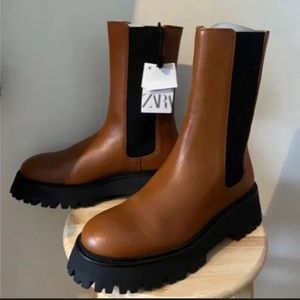 Zara brown genuine leather lug sole chelsea ankle boots NWT
